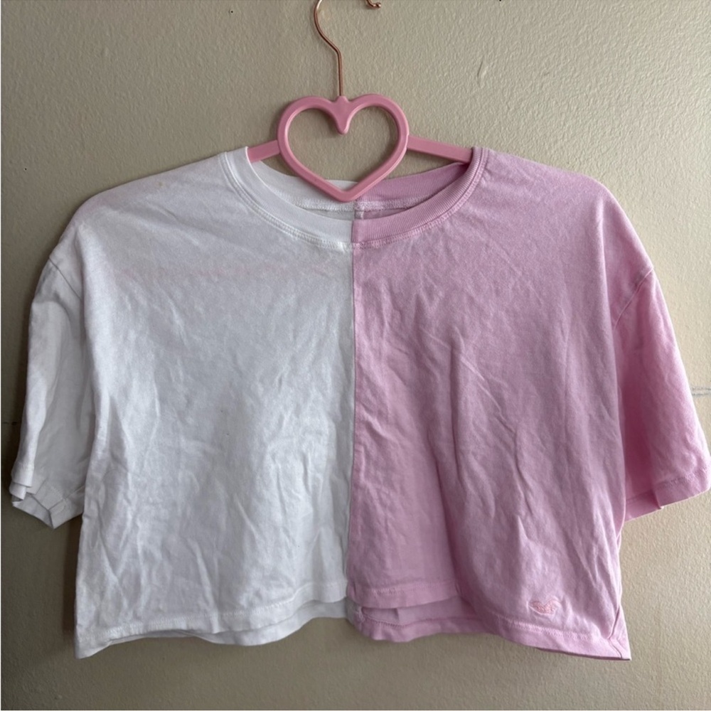 Hollister White and Pink Color-Blocked Short Sleeve Tee